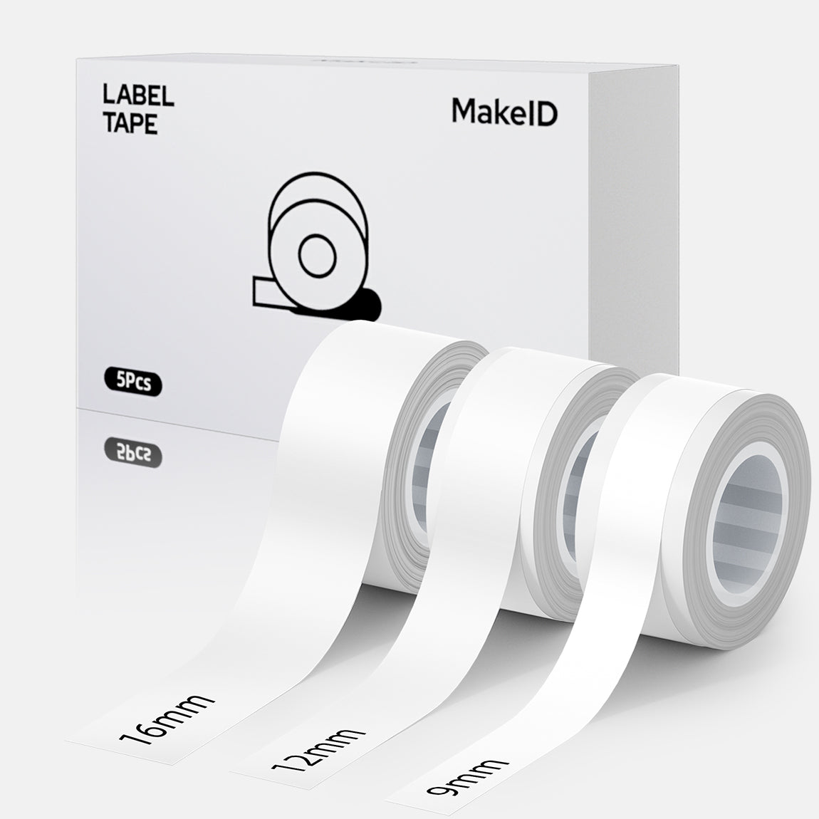 MakeID L1 E1 Label Maker Tape Refill, 3 Rolls 9/12/16 mm White/Clear Continuous Consumable Thermal Lamination Office Label Tape Replacement