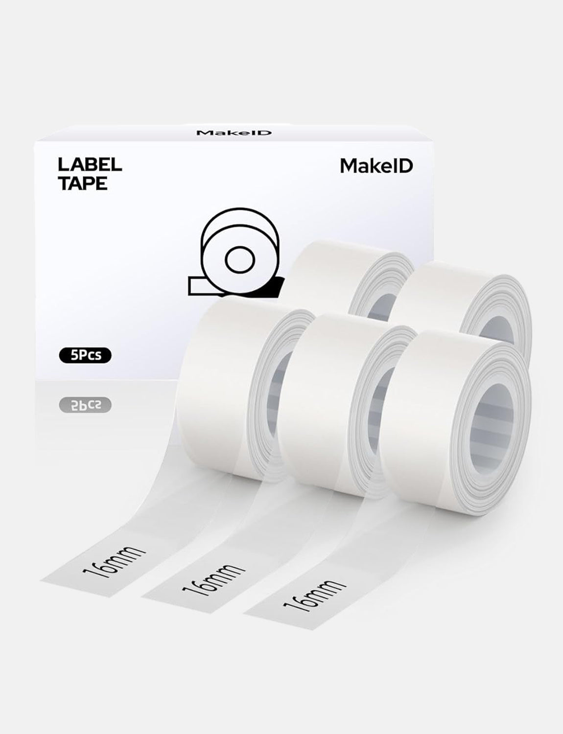 MakeID L1 E1 Q1 Label Maker Tape Refill, 5 Rolls 16mmx4m (0.63"x13') White/Transparent Continuous Consumable Thermal Lamination Office Label Tape Replacement