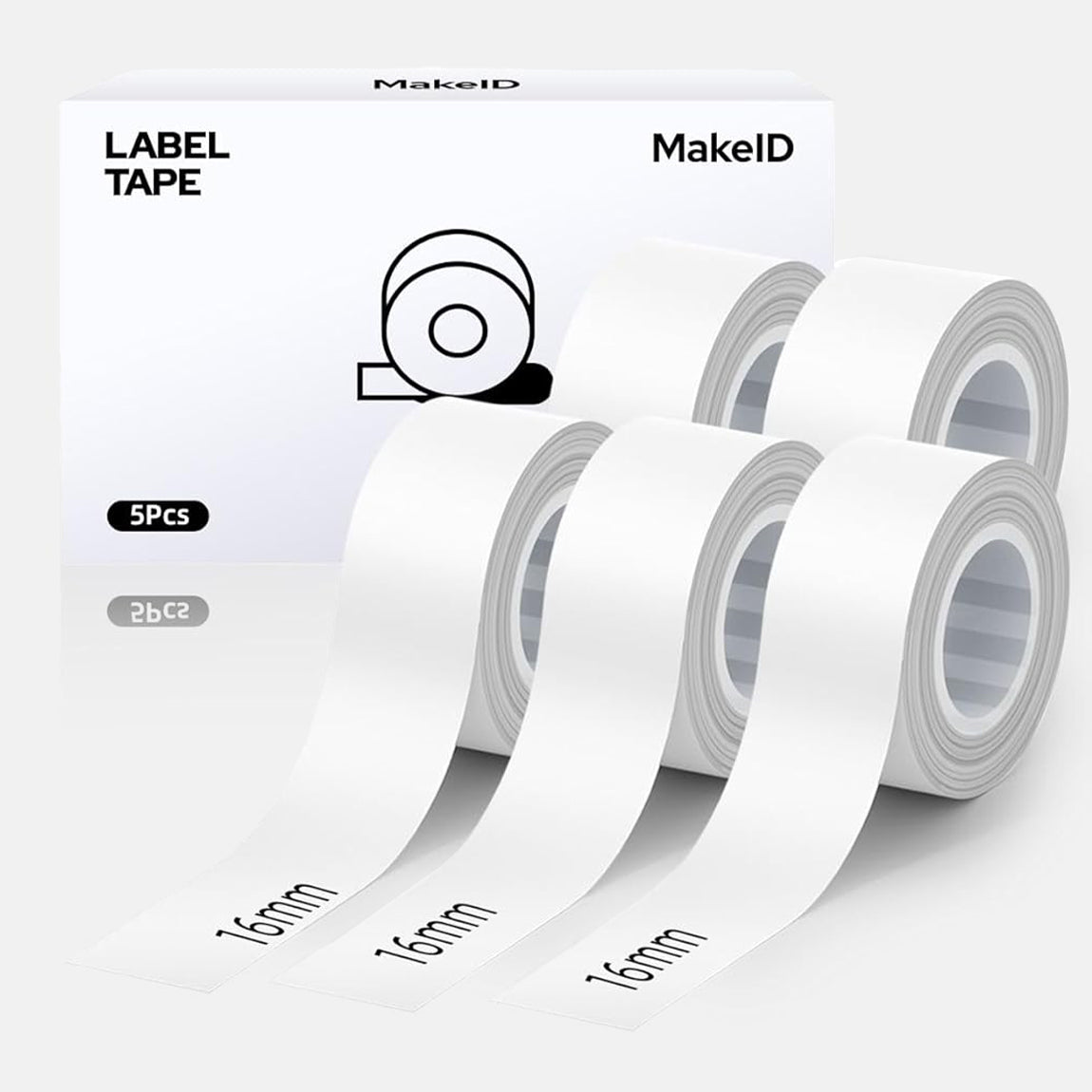 MakeID L1 E1 Q1 Label Maker Tape Refill, 5 Rolls 16mmx4m (0.63"x13') White/Transparent Continuous Consumable Thermal Lamination Office Label Tape Replacement