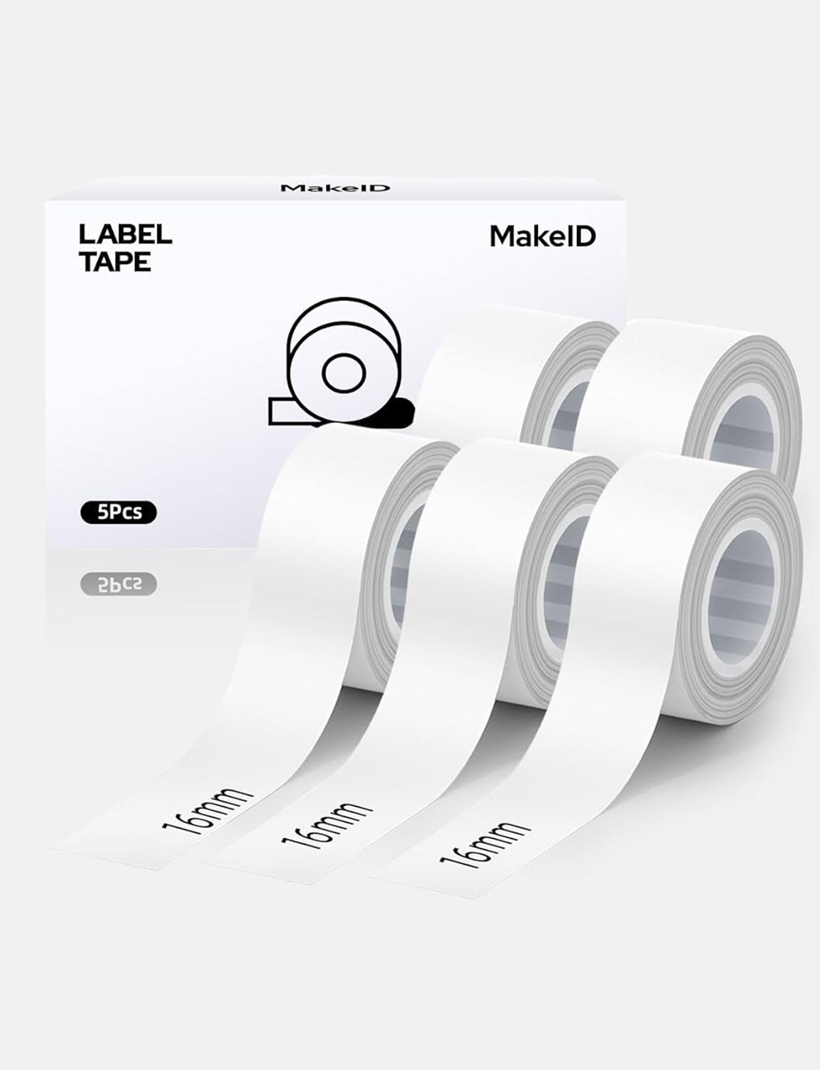 MakeID L1 E1 Q1 Label Maker Tape Refill, 5 Rolls 16mmx4m (0.63"x13') White/Transparent Continuous Consumable Thermal Lamination Office Label Tape Replacement