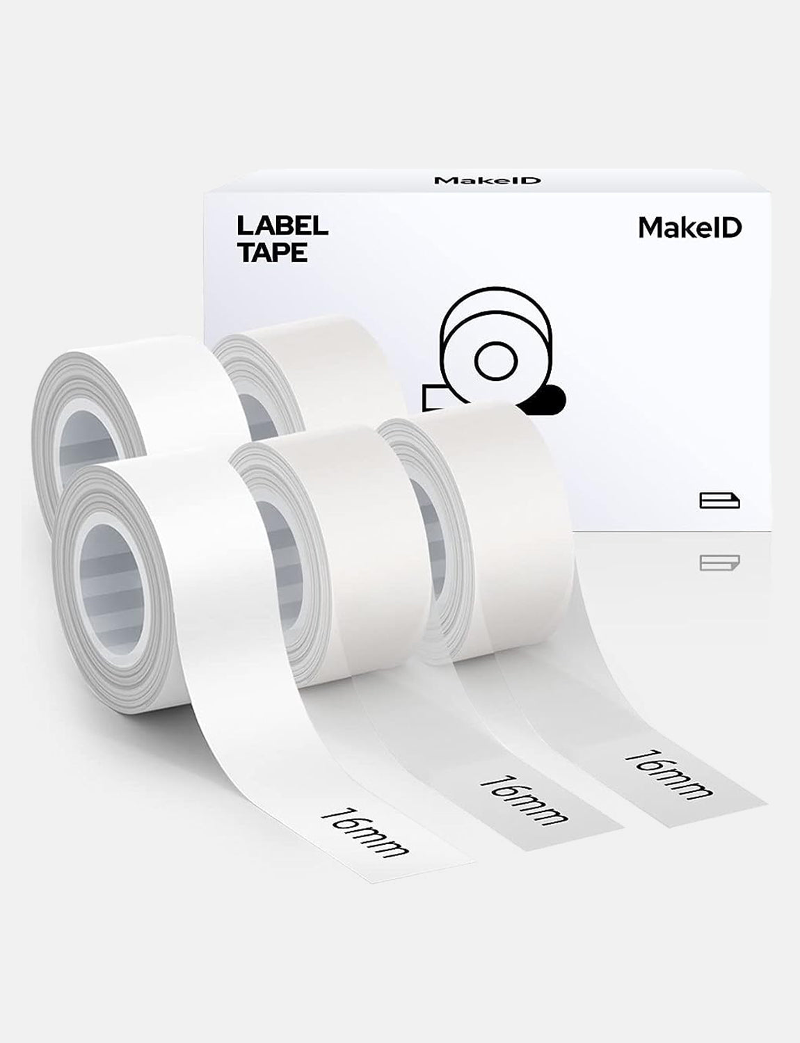 MakeID L1 E1 Q1 Label Maker Tape Refill, 5 Rolls 16mmx4m (0.63"x13') White/Transparent Continuous Consumable Thermal Lamination Office Label Tape Replacement