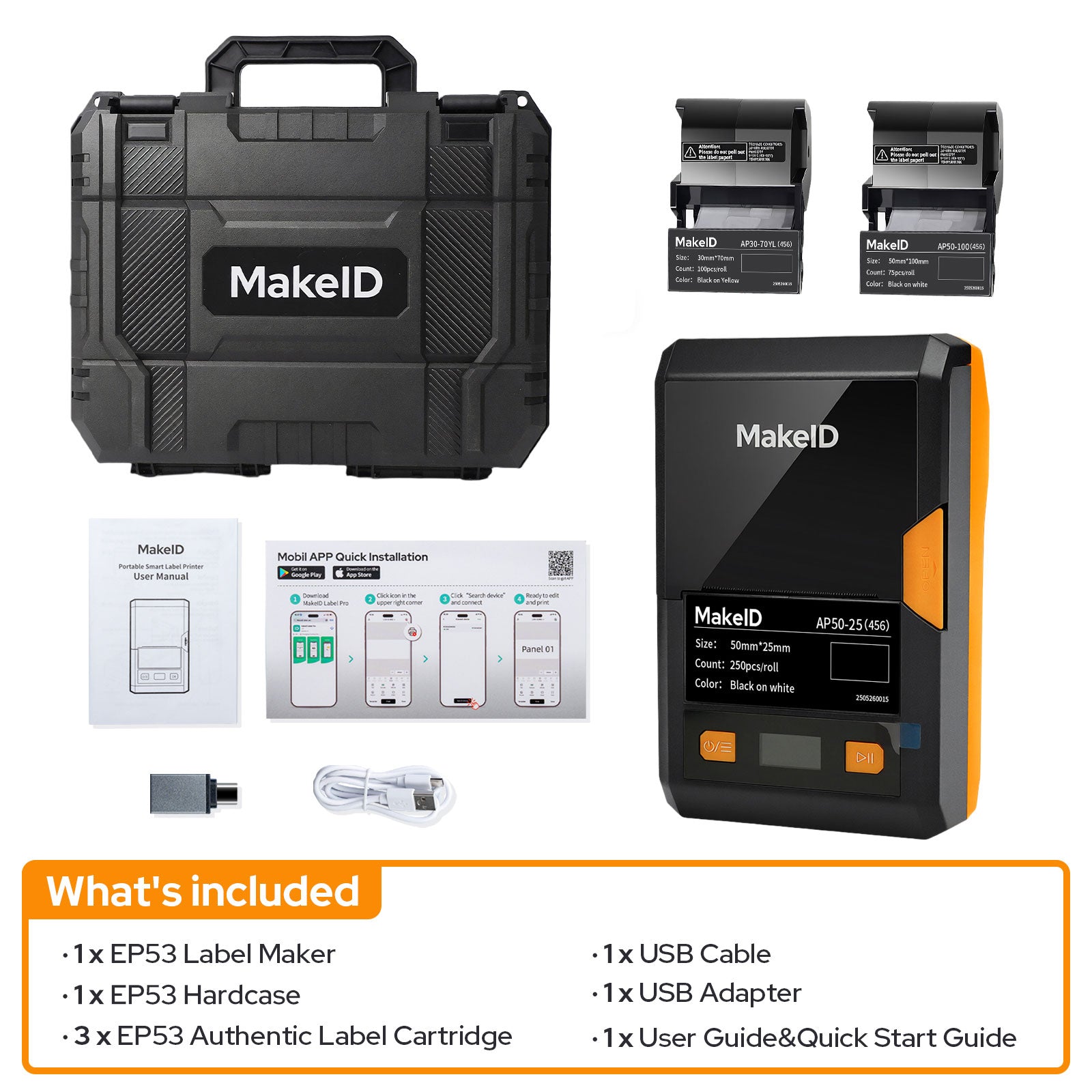 MakeID EP53 Label Maker with Hard Case, Portable Bluetooth Printer with 3 Label Cartridges