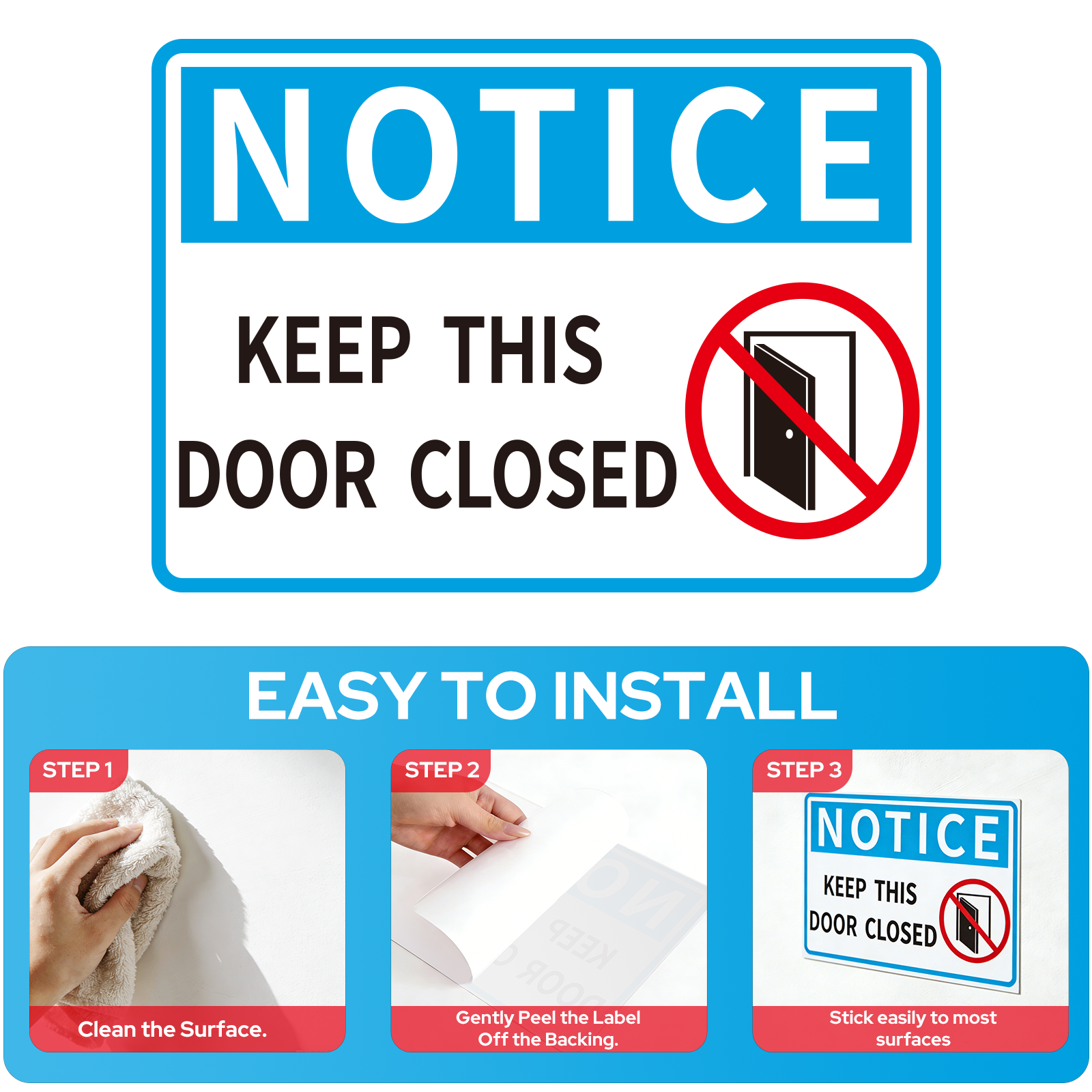 MakeID Keep Door Closed Sign, 10" x 7" PET, Weatherproof Safety Decal for Indoor & Outdoor Use