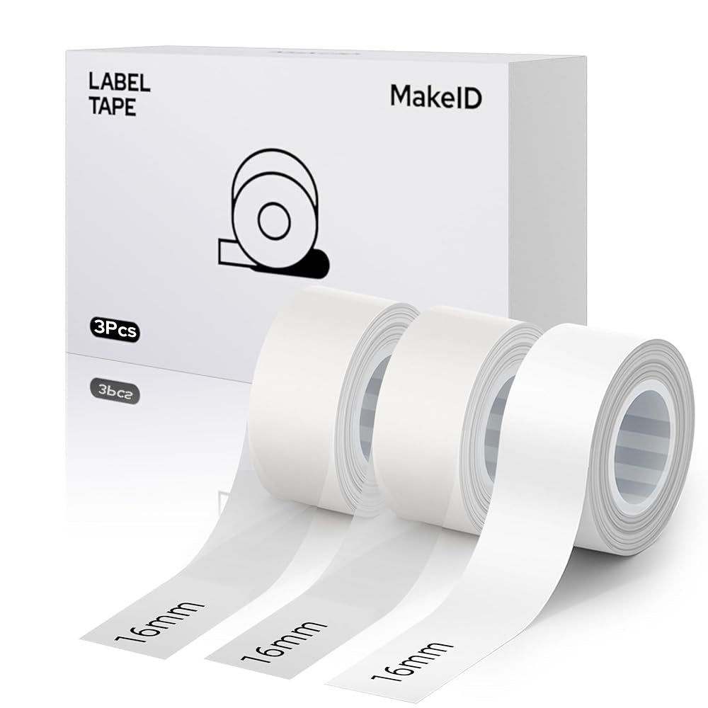 MakeID L1 E1 Q1 Label Maker Tape Refill, 3 Rolls 16mmx4m (0.63"x13')/9/12/16mm White/Transparent Continuous Consumable Thermal Lamination Office Label Tape Replacement