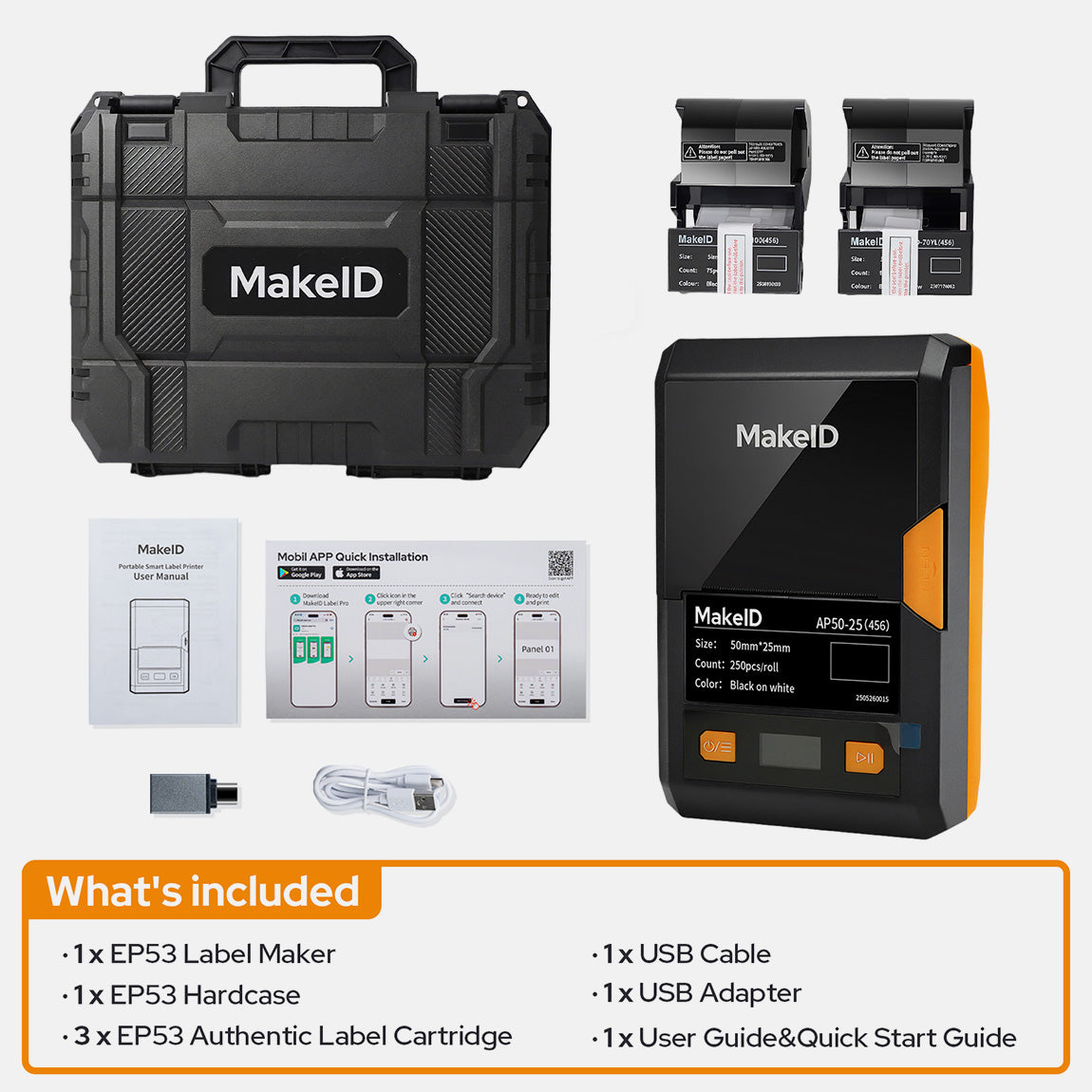 MakeID EP53 Label Maker with Hard Case, Portable Bluetooth Printer with 3 Label Cartridges