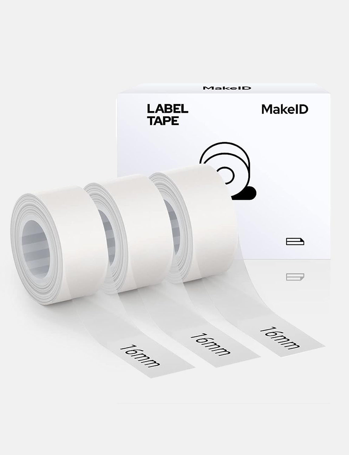 MakeID L1 E1 Q1 Label Maker Tape Refill, 3 Rolls 16mmx4m (0.63"x13')/9/12/16mm White/Transparent Continuous Consumable Thermal Lamination Office Label Tape Replacement