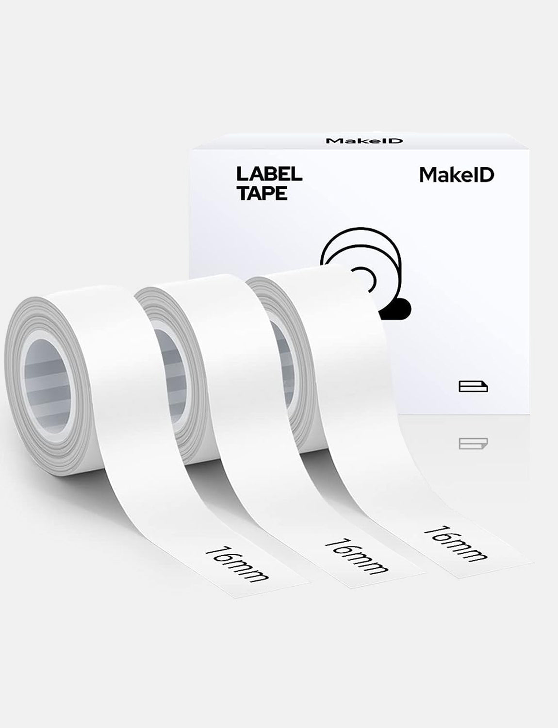 MakeID L1 E1 Q1 Label Maker Tape Refill, 3 Rolls 16mmx4m (0.63"x13')/9/12/16mm White/Transparent Continuous Consumable Thermal Lamination Office Label Tape Replacement