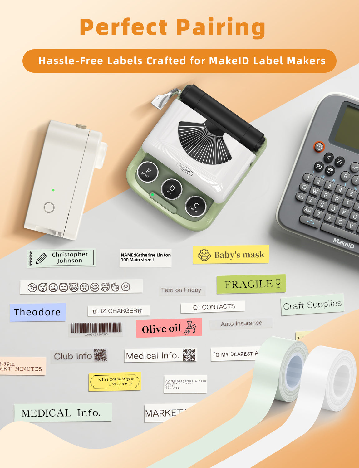 MakeID L1 E1 Q1 Label Maker Tape Refill, 3 Rolls 16mmx4m (0.63"x13')/9/12/16mm White/Transparent Continuous Consumable Thermal Lamination Office Label Tape Replacement