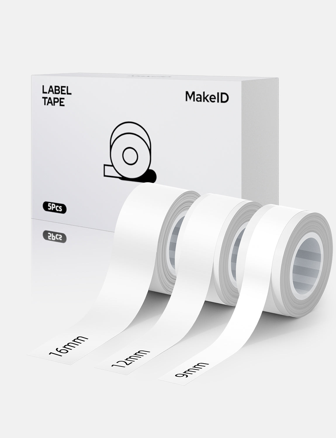 MakeID L1 E1 Q1 Label Maker Tape Refill, 3 Rolls 16mmx4m (0.63"x13')/9/12/16mm White/Transparent Continuous Consumable Thermal Lamination Office Label Tape Replacement