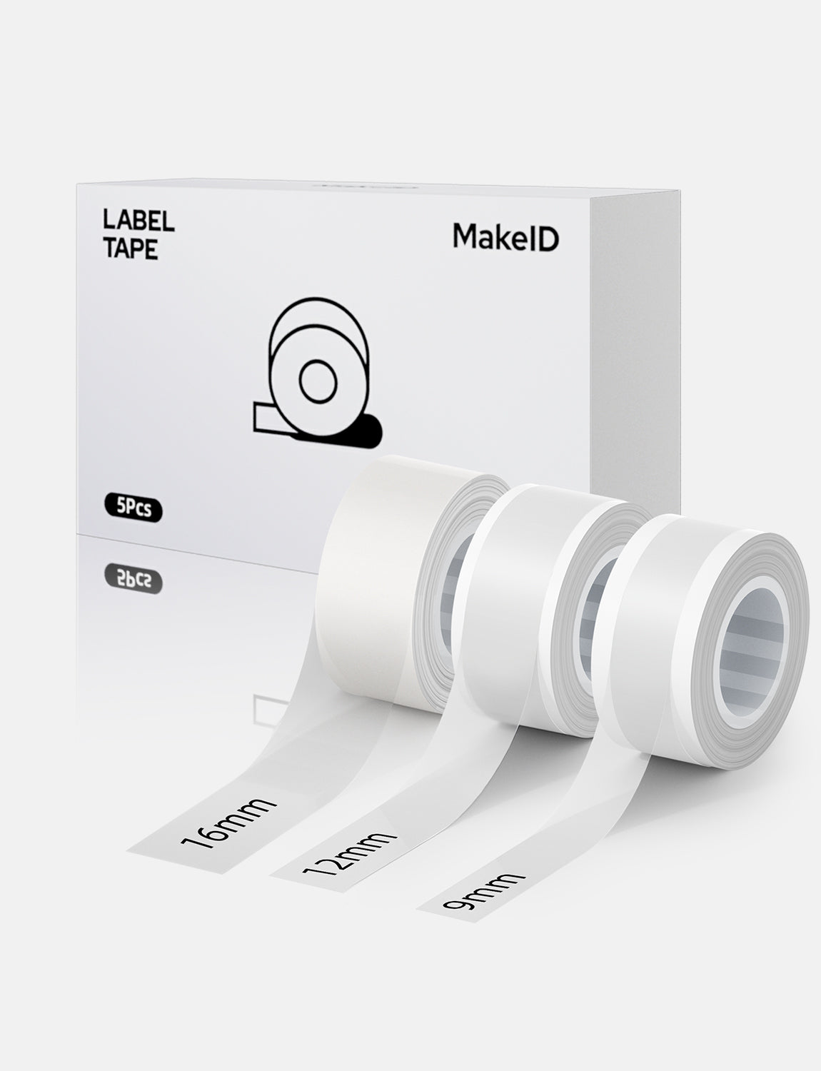 MakeID L1 E1 Q1 Label Maker Tape Refill, 3 Rolls 16mmx4m (0.63"x13')/9/12/16mm White/Transparent Continuous Consumable Thermal Lamination Office Label Tape Replacement