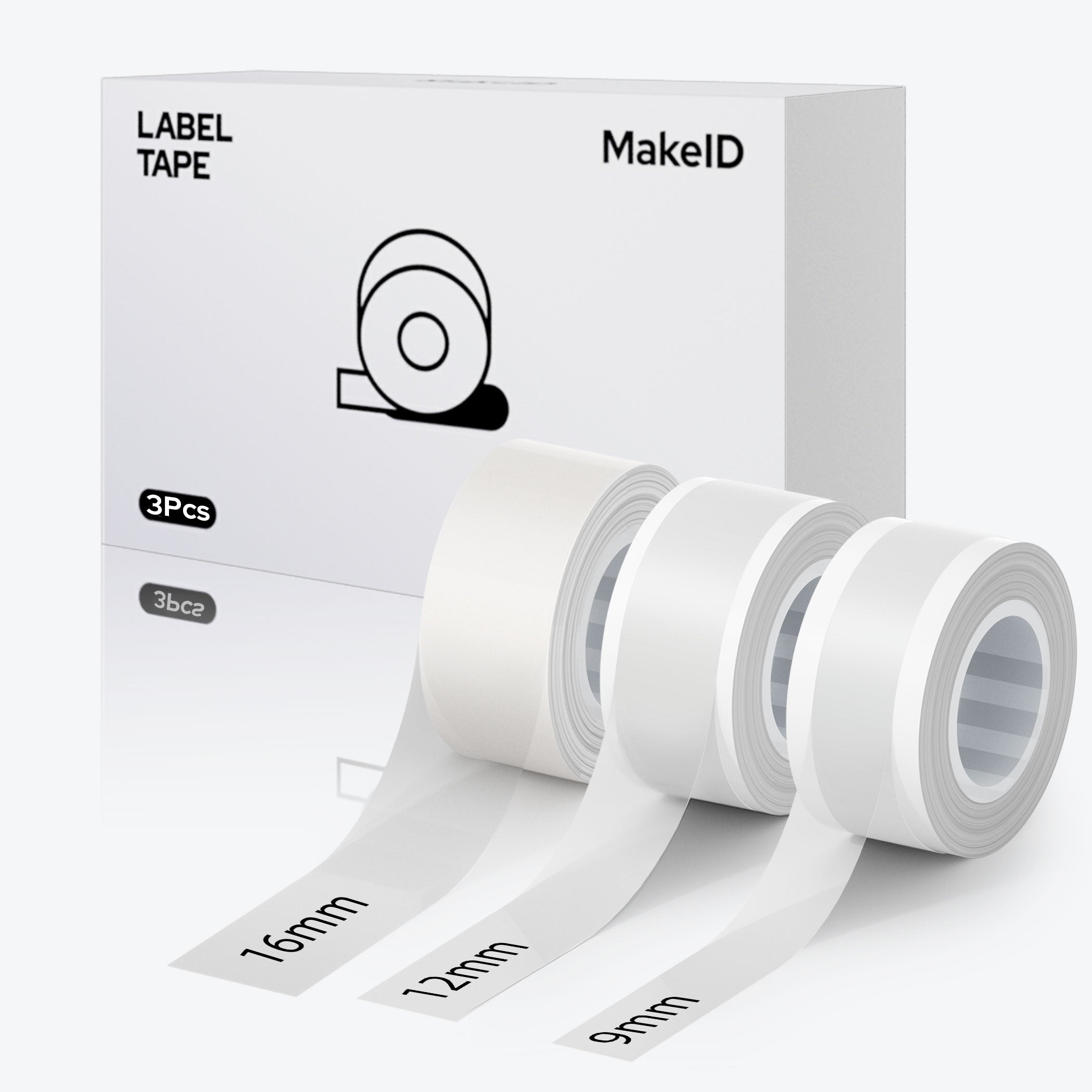 MakeID L1-C Label Maker Tape Refill, 3 Rolls 16mmx4m (0.63"x13')/9/12/16mm White/Transparent Continuous Consumable Thermal Lamination Office Label Tape Replacement