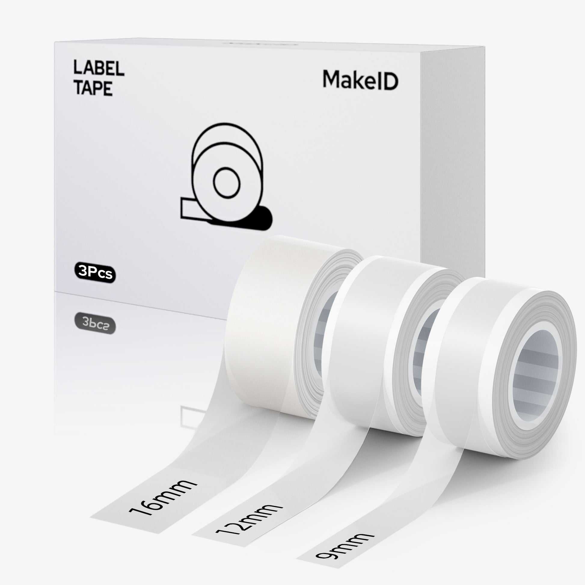 MakeID L1 E1 Q1 Label Maker Tape Refill, 3 Rolls 16mmx4m (0.63"x13')/9/12/16mm White/Transparent Continuous Consumable Thermal Lamination Office Label Tape Replacement