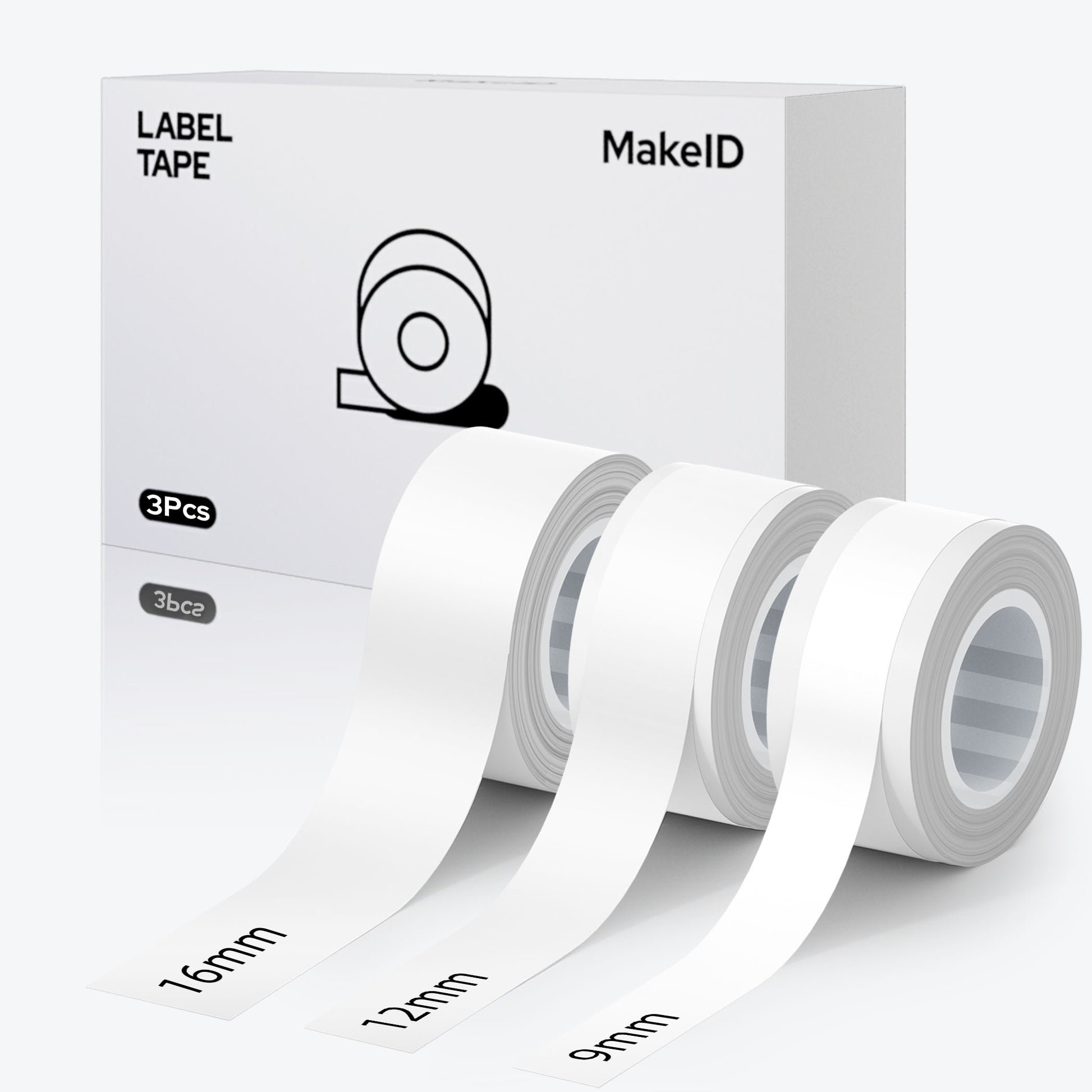 MakeID L1 E1 Q1 Label Maker Tape Refill, 3 Rolls 16mmx4m (0.63"x13')/9/12/16mm White/Transparent Continuous Consumable Thermal Lamination Office Label Tape Replacement