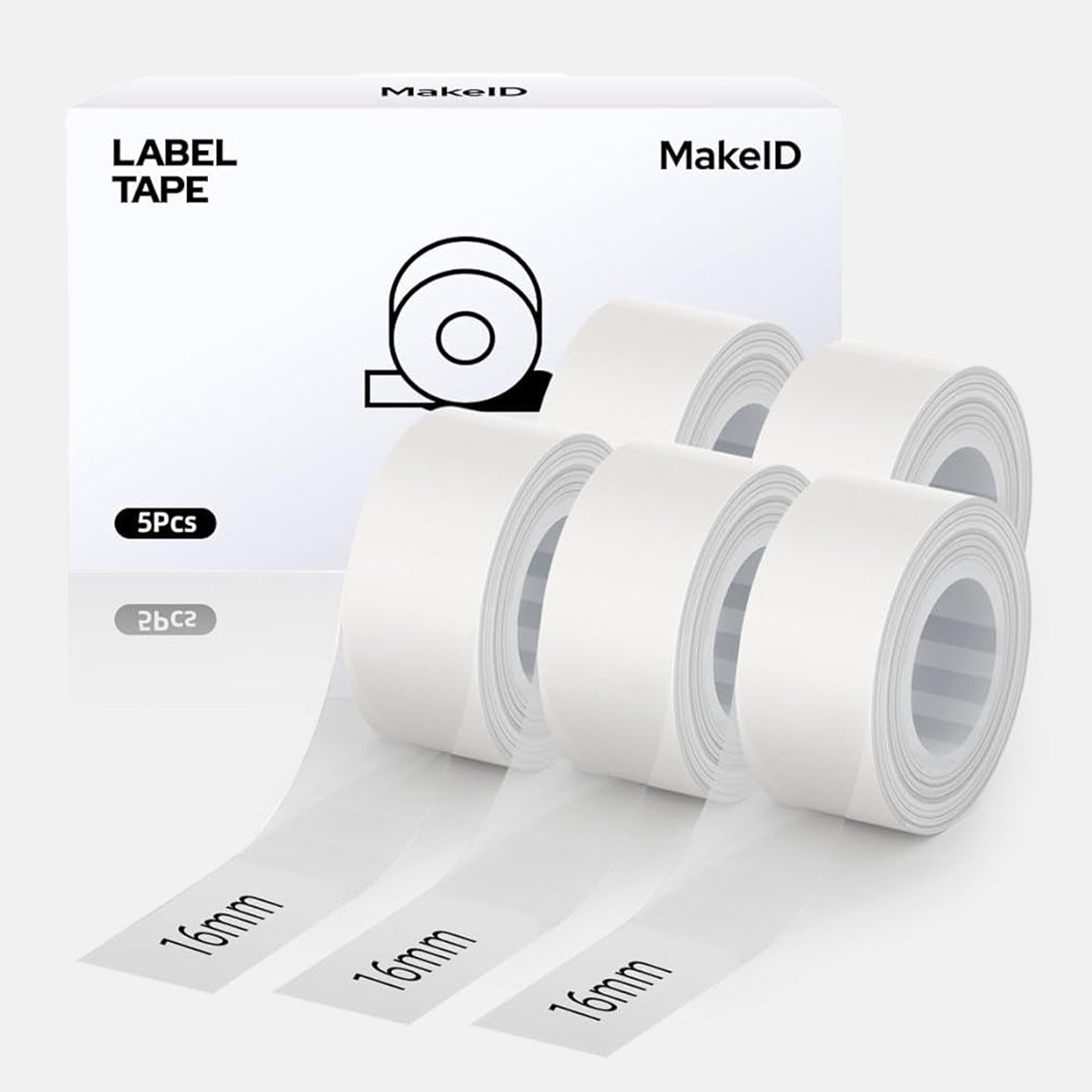 MakeID L1 E1 Q1 Label Maker Tape Refill, 5 Rolls 16mmx4m (0.63"x13') White/Transparent Continuous Consumable Thermal Lamination Office Label Tape Replacement