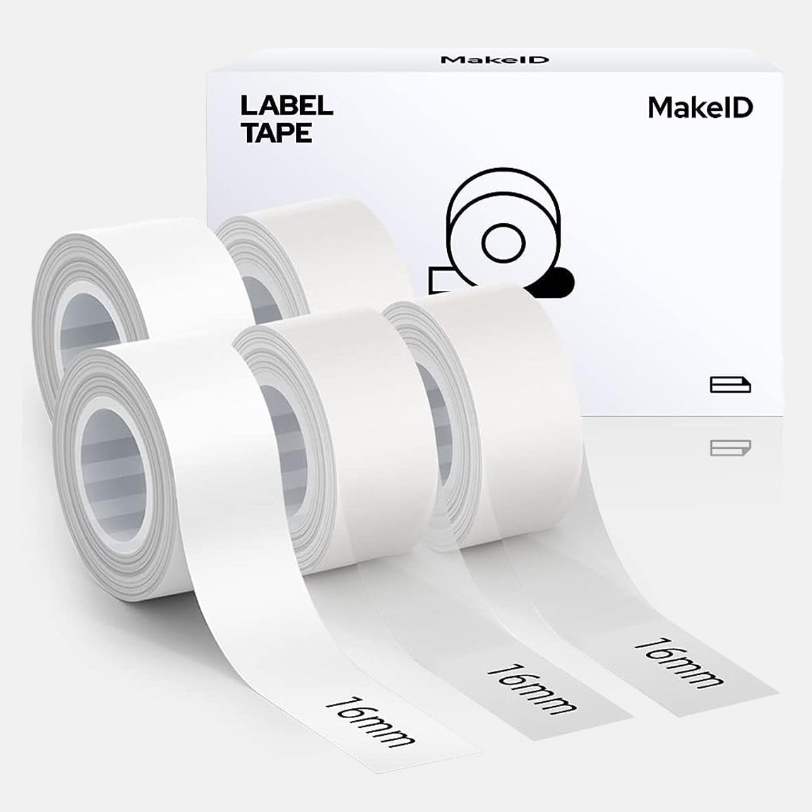 MakeID L1 E1 Q1 Label Maker Tape Refill, 5 Rolls 16mmx4m (0.63"x13') White/Transparent Continuous Consumable Thermal Lamination Office Label Tape Replacement
