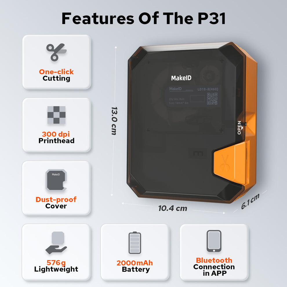 MakeID P31S Thermal Transfer Label Printer - 300DPI Bluetooth Industrial Maker for Electrical Cable, Wire Tags & Heat Shrink Tubes