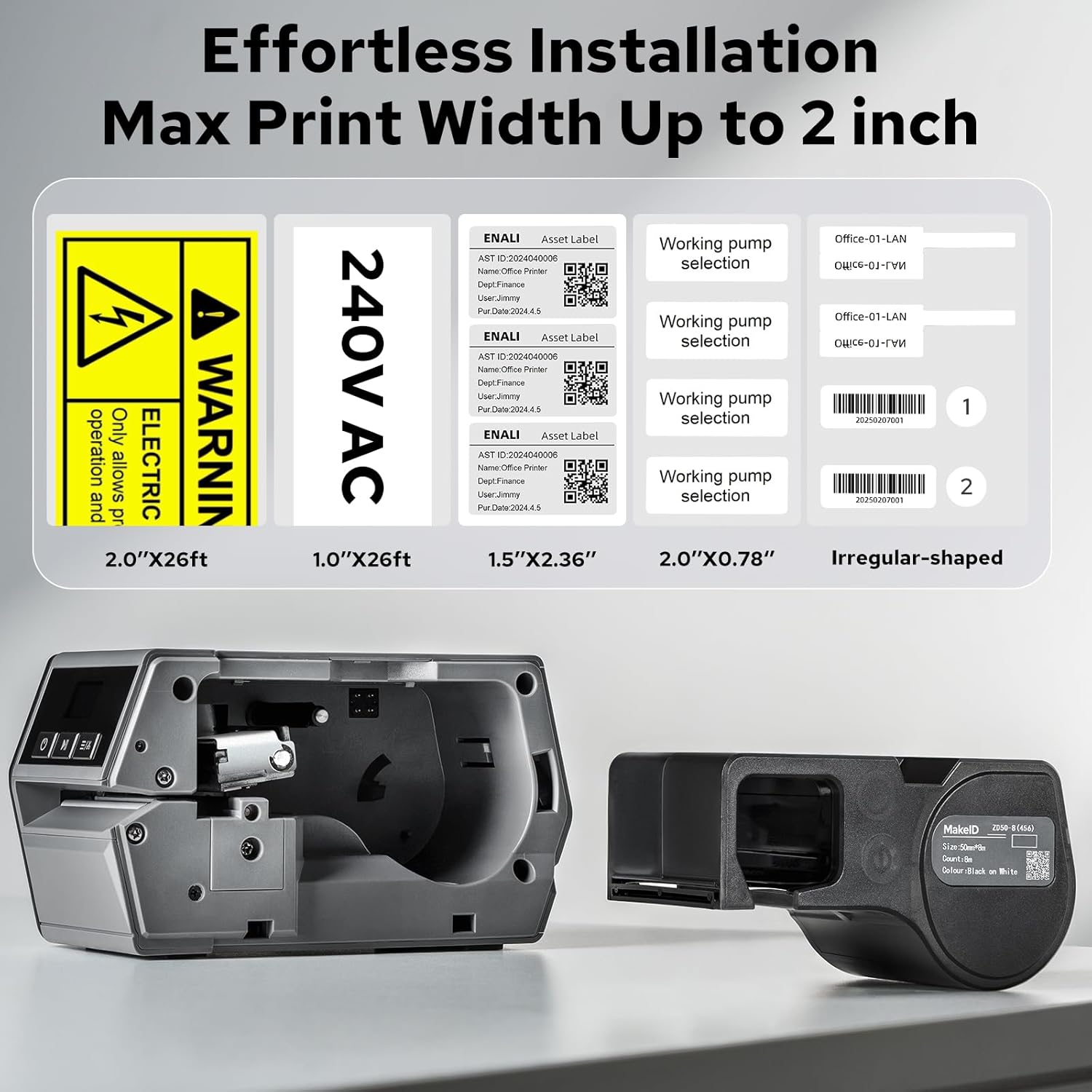 MakeID D50 2-Inch Thermal Transfer Desktop Label Printer for Small Business & Commercial Use — Barcode & QR Code Label Maker for Products, Bottles, Warehouse, Lab Samples, Inventory, Assets, Medical & Power Equipment, and Pipe Labeling