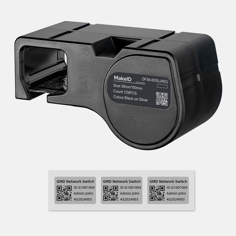 MakeID D50 ZP38-60SL(462) PET Waterproof Tape & Labels Black on Silver