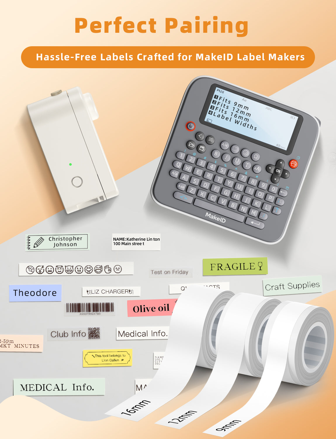 MakeID L1/E1/Q1 Thermal Label Printer Labels,9mm/12mm/16mmx4m White/Transparent Continuous Label