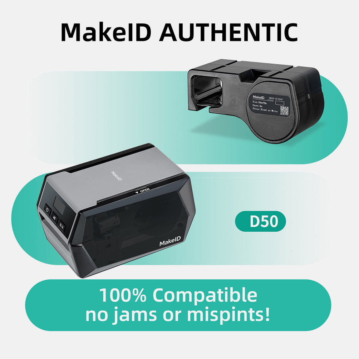 MakeID D50 ZP38-60SL(462) PET Waterproof Tape & Labels Black on Silver
