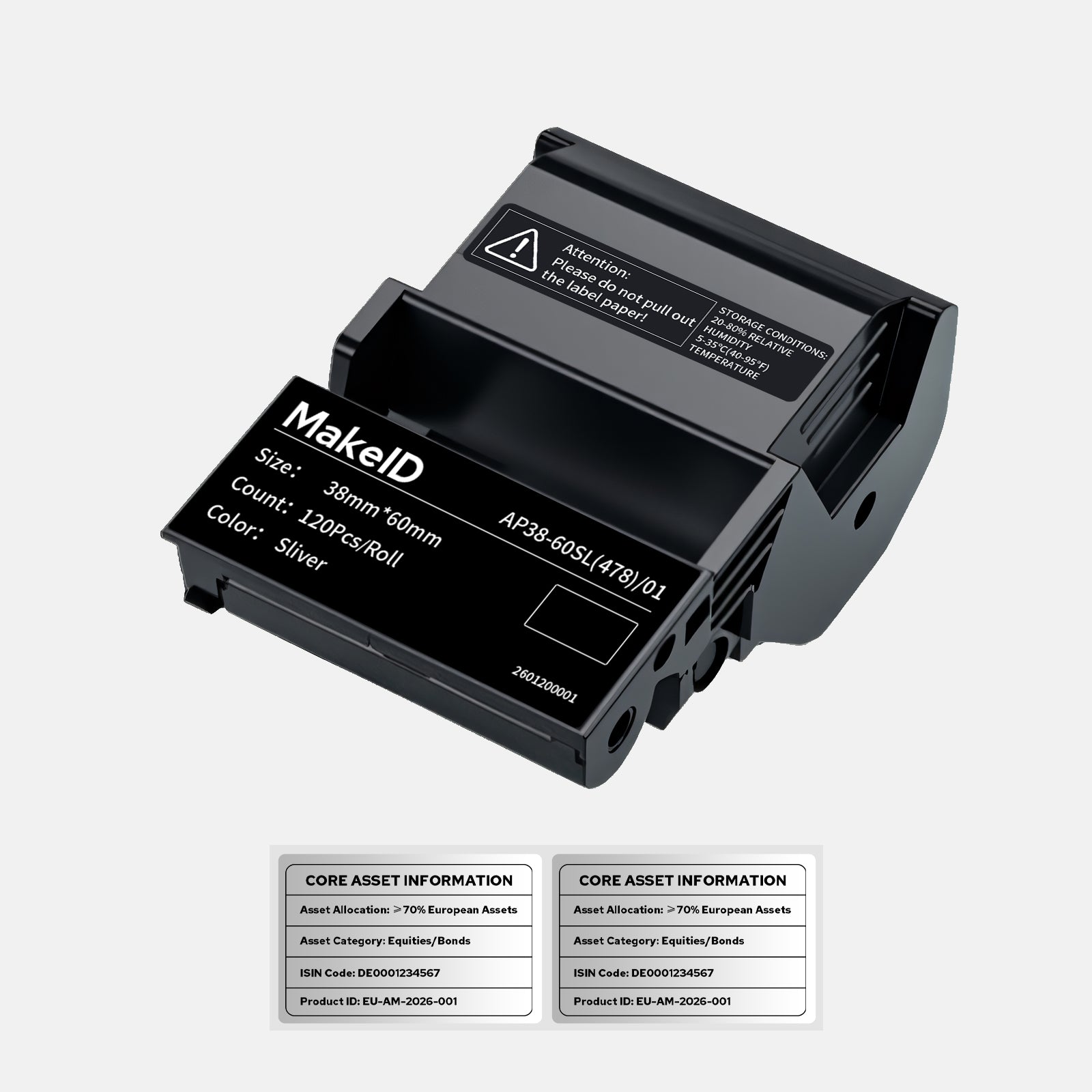 MakeID EP53 AP38-60SL(478) Black on Silver PET Labels, 1.5" W × 2.36" H- 120 Labels