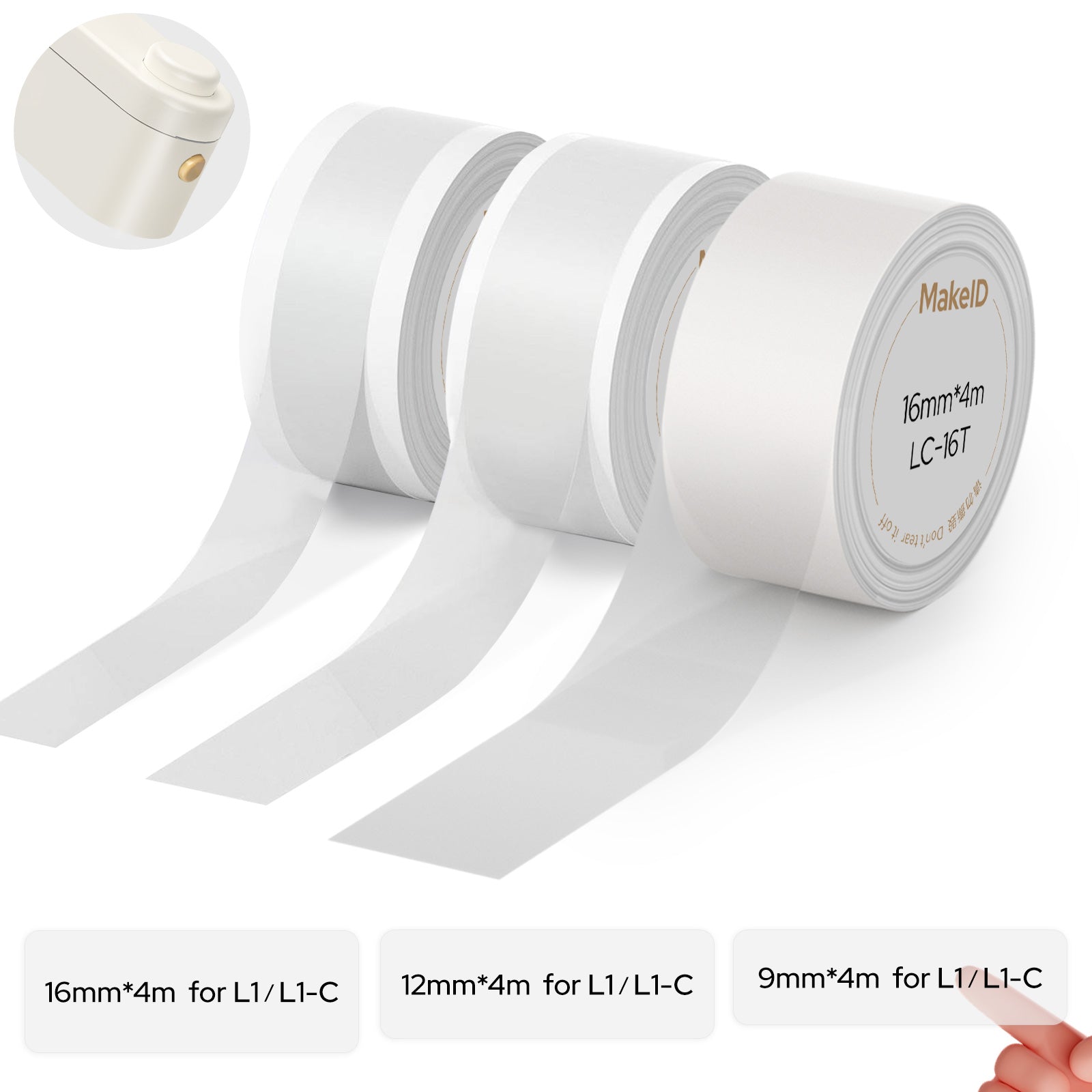 MakeID L1 E1 Label Maker Tape Refill, 3 Rolls 9/12/16 mm White/Clear Continuous Consumable Thermal Lamination Office Label Tape Replacement