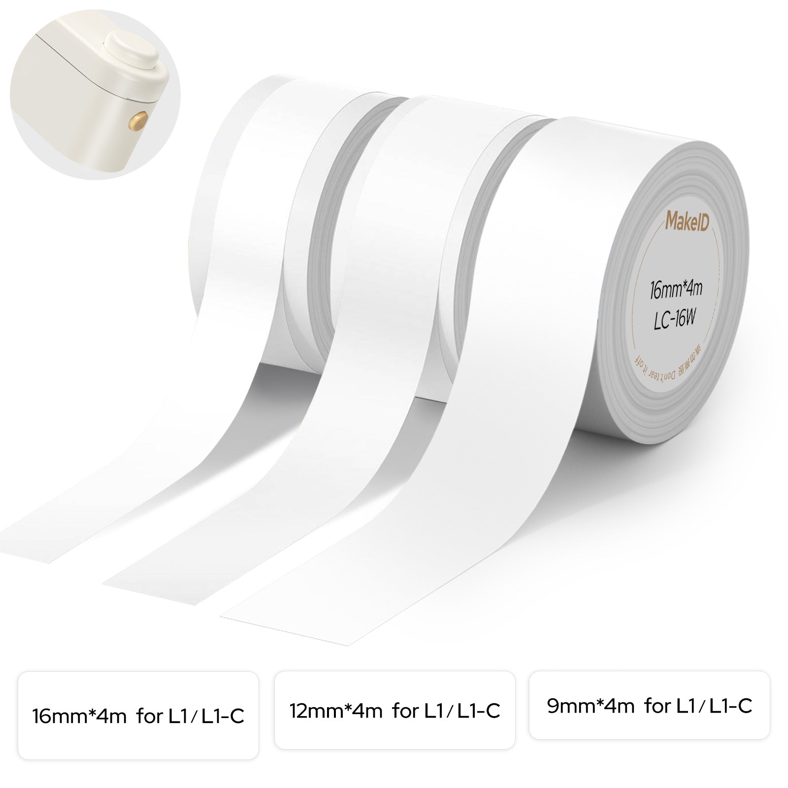 MakeID L1 E1 Label Maker Tape Refill, 3 Rolls 9/12/16 mm White/Clear Continuous Consumable Thermal Lamination Office Label Tape Replacement